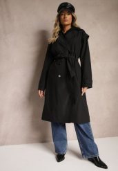 Czarny Płaszcz Trencz o Kroju Oversize Ozdobiony Materiałowym Paskiem i Guzikami Iritheas. Czarne płaszcze damskie Renee, l, bez wzorów, z materiału, bez kaptura. Za 219.99 zł.