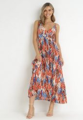 Czerwono-Niebieska Sukienka Maxi z Gumką w Pasie i Plisowanym Dołem Sakize. Czerwone sukienki damskie Born2be, bez wzorów, bez ramiączek. Za 139.99 zł.