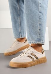 Beżowe Skórzane Sneakersy Klasyczne Tenisówki z Zamszu Naturalnego ze Wzorem w Panterkę Teniresela. Brązowe trampki damskie Born2be, bez wzorów, z jeansu, bez zapięcia. Za 189.99 zł.