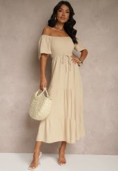 Beżowa Wiskozowa Sukienka z Lnem o Rozkloszowanym Kroju Koloreia. Brązowe sukienki damskie Renee, bez wzorów, z wiskozy, eleganckie, bez ramiączek. W wyprzedaży za 107.99 zł.
