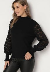 Czarny Sweter Półgolf z Wiskozą i Ażurowymi Rękawami Liariel. Czarne swetry klasyczne damskie Born2be, na zimę, z wiskozy, bez kołnierzyka. Za 89.99 zł.