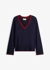 Sweter z kontrastującymi paskami. Niebieskie swetry klasyczne damskie bonprix, bez kołnierzyka. Za 102.99 zł.