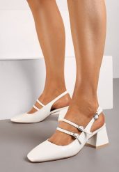Białe Czółenka z Ekoskóry Typu Slingback na Słupku z Trzema Sprzączkami Qrevia. Białe czółenka damskie Renee, bez wzorów, bez obcasa, na słupku. Za 54.99 zł.