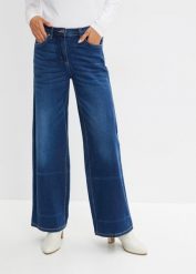 Dżinsy Wide Leg, mid waist, z wygodnym paskiem. Niebieskie jeansy damskie bonprix. Za 147.99 zł.