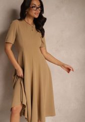Ciemnobeżowa Sukienka Rozkloszowana o Taliowanym Fasonie Telaswena. Brązowe sukienki damskie Renee, bez wzorów, eleganckie, bez ramiączek. W wyprzedaży za 83.99 zł.
