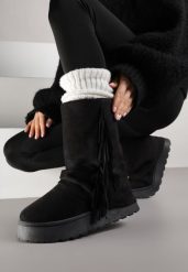 Czarne Botki Śniegowce z Wywiniętą Cholewką Zdobioną Frędzlami Sewela. Czarne śniegowce damskie Renee, z jeansu. Za 129.99 zł.
