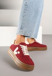 Bordowe Sneakersy w Stylu Tenisówek Ellienne. Czerwone obuwie sportowe damskie Born2be, z jeansu, bez zapięcia, tenisowe. Za 89.99 zł.