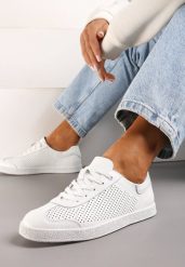 Białe Sneakersy ze Skóry z Perforacją i Sznurowaniem Briarta. Białe obuwie sportowe damskie Renee, ze skóry, bez zapięcia. Za 149.99 zł.