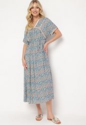 Niebieska Boho Sukienka z Wiskozy z Cienkim Paskiem i Krótkim Rękawem Meaata. Niebieskie sukienki damskie Born2be, bez wzorów, z materiału, boho, bez ramiączek. Za 99.99 zł.
