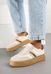 Beżowe Sneakersy na Platformie w Stylu Kultowych Tenisówek Ozdobione Wzorem w Panterkę Gonoriel. Brązowe obuwie sportowe damskie Born2be, z jeansu, bez zapięcia, tenisowe. Za 89.99 zł.