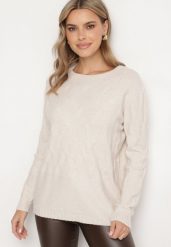 Jasnobeżowy Sweter z Bawełną i Wiskozą Ozdobiony Tłoczeniem Zeialda. Brązowe swetry klasyczne damskie Born2be, l, z bawełny, bez kołnierzyka. Za 84.99 zł.