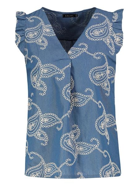 Sublevel Bluzka w kolorze niebiesko-kremowym rozmiar: L/XL. Brązowe bluzki damskie Sublevel, l, z aplikacjami, z bawełny, bez kołnierzyka, bez ramiączek. Za 92.42 zł.