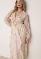 Żółta Romantyczna Sukienka z Falbankami Wiązaniem i Wycięciami w Talii Rhelorin. Żółte sukienki damskie Born2be, bez wzorów, z jeansu, klasyczne, bez ramiączek. Za 209.99 zł.