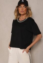 Czarny T-shirt z Bawełny z Cyrkoniami Fadeola. Czarne t-shirty damskie Renee, l, bez wzorów, z bawełny, bez kołnierzyka. Za 39.99 zł.