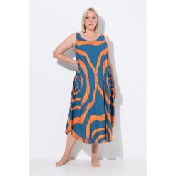 Damskie Sukienka midi koła krój trapezowy okrągły dekolt bez rękawów. Niebieskie sukienki damskie Ulla Popken, bez wzorów, z materiału, sportowe, bez ramiączek. Za 279.99 zł.