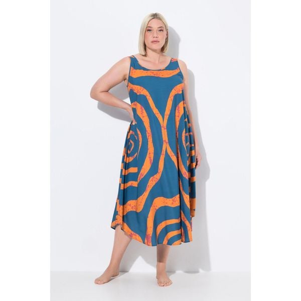 Damskie Sukienka midi koła krój trapezowy okrągły dekolt bez rękawów. Niebieskie sukienki damskie Ulla Popken, bez wzorów, z materiału, sportowe, bez ramiączek. W wyprzedaży za 223.99 zł.