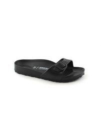 Klapki damskie Birkenstock Eva Madrid Black Eva. Czarne klapki damskie Birkenstock, bez wzorów, z materiału, bez obcasa, bez zapięcia. Za 249.99 zł.