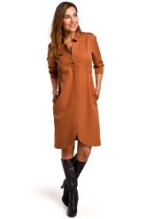 Ruda Elegancka Sukienka Żakietowa z Pagonami. Brązowe sukienki damskie MOE, bez wzorów, z elastanu, eleganckie, bez ramiączek. Za 293.90 zł.