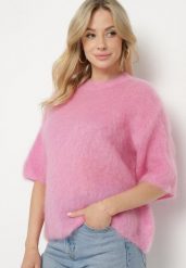 Różowy Moherowy Sweter o Kroju Nietoperza z Rękawami 3/4 Eleanira. Czerwone swetry klasyczne damskie Born2be, na zimę, uniwersalny, z jeansu, bez kołnierzyka. Za 259.99 zł.