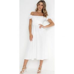 Biała Sukienka Midi z Dekoltem Carmen i Bufiastymi Rękawkami Amarhis. Białe sukienki damskie Born2be, bez wzorów, eleganckie, bez ramiączek. Za 209.99 zł.