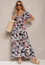 Czarno-Niebieska Rozkloszowana Sukienka z Bawełny o Kopertowym Kroju w Print Paisley Piavella. Czarne sukienki damskie Renee, bez wzorów, z bawełny, eleganckie, bez ramiączek. W wyprzedaży za 29.99 zł.