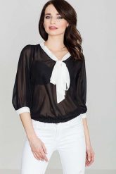 Stylowa Czarna Bluzka z Kokardą Rękaw 3/4. Czarne bluzki damskie Katrus, l, bez wzorów, z materiału, eleganckie, bez kołnierzyka, bez ramiączek. Za 169.00 zł.