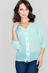 Elegancka Zielona Bluzka na Guziki z Dekoltem "V". Zielone bluzki damskie Katrus, xl, bez wzorów, z materiału, eleganckie, bez kołnierzyka, bez ramiączek. Za 179.00 zł.