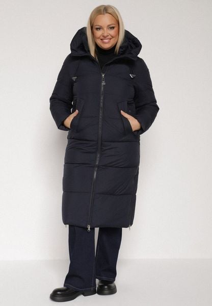 Granatowa Długa Kurtka Pikowana z Kapturem i Bocznymi Suwakami Mevoressa. Niebieskie kurtki damskie Born2be, na zimę, plus size, bez wzorów, z dzianiny, z kapturem. Za 299.99 zł.