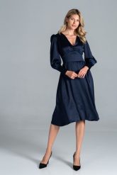 Rozkloszowana Satynowa Sukienka z Długim Bufiastym Rękawem - Granatowa. Niebieskie sukienki damskie Figl, bez wzorów, z materiału, bez ramiączek. Za 349.00 zł.