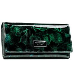 Portfel damski Peterson PTN PS122-FDS zielony. Zielone portfele damskie Peterson, z aplikacjami, z lakierowanej skóry. Za 129.99 zł.