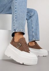 Brązowo-Białe Chunky Sneakersy Vices na Platformie z Okrągłym Detalem Sedvira. Brązowe obuwie sportowe damskie Renee, z jeansu, bez zapięcia, trekkingowe. Za 119.99 zł.