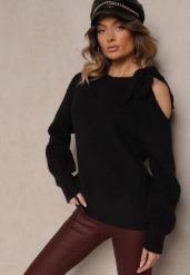 Czarny Sweter z Ozdobnym Wiązaniem i Wycięciem na Ramieniu Eledi. Czarne swetry klasyczne damskie Renee, bez kołnierzyka. Za 119.99 zł.