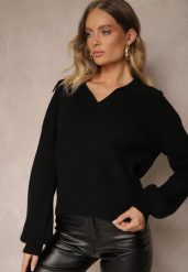 Czarny Klasyczny Sweter z Wiskozą Zdobiony Kołnierzykiem i Ściągaczami Seathrana. Czarne swetry klasyczne damskie Renee, z jeansu, bez kołnierzyka. Za 84.99 zł.