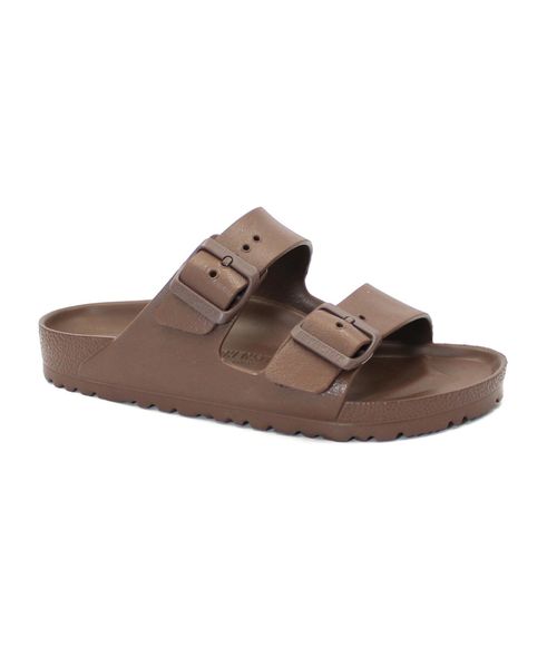 Klapki Birkenstock Arizona Eva Damskie. Brązowe klapki damskie Birkenstock, bez wzorów, z materiału, bez obcasa, bez zapięcia. Za 416.00 zł.