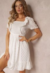 Biała Sukienka Mini z Gumką w Talii i Wiązaniem na Plecach Olitisa. Białe sukienki damskie Renee, bez wzorów, bez ramiączek. W wyprzedaży za 47.99 zł.