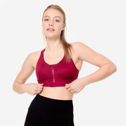 Stanik sportowy Decathlon zip. Fioletowe koszulki sportowe damskie DOMYOS, m, bez wzorów, z elastanu, bez ramiączek, na fitness i siłownię. Za 119.99 zł.