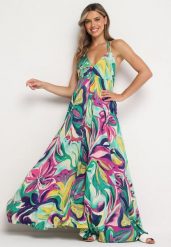 Zielono-Fioletowa Rozkloszowana Sukienka z Wiskozy z Odcięciem pod Biustem Wiązana na Szyi i Plecach Nividia. Zielone sukienki damskie Born2be, bez wzorów, z wiskozy, eleganckie, bez ramiączek. Za 109.99 zł.