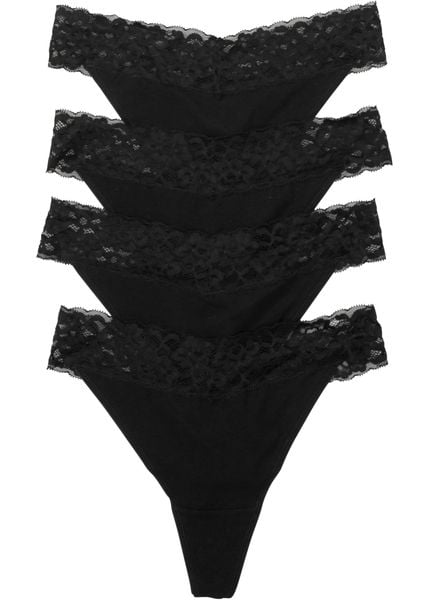 Stringi z bawełną (4 pary). Czarne stringi bonprix, bez wzorów, z bawełny. Za 52.99 zł.