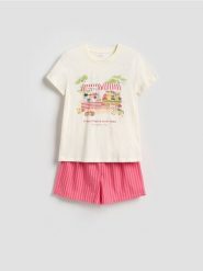 Dwuczęściowa piżama z nadrukiem - czerwony. Czerwone piżamy damskie Reserved, bez wzorów, z bawełny, bez ramiączek. Za 109.99 zł.