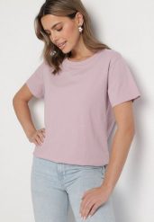 Różowy Gładki T-shirt z Bawełny o Klasycznym Kroju Natime. Czerwone t-shirty damskie Born2be, uniwersalny, bez wzorów, z bawełny, bez kołnierzyka. Za 39.99 zł.