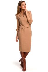 Cappuccino Dzianinowa Sukienka w Szpic z Gumką w Talii. Niebieskie sukienki damskie MOE, bez wzorów, z bawełny, wizytowe, bez ramiączek. Za 229.90 zł.