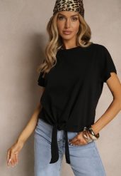 Czarny Bawełniany T-shirt Wiązany u Dołu Sunalina. Czarne t-shirty damskie Renee, l, bez wzorów, z bawełny, bez kołnierzyka. Za 34.99 zł.