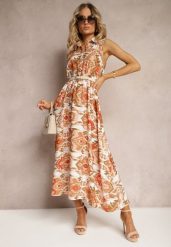 Beżowa Rozkloszowana Sukienka z Ozdobnymi Naszyciami na Dekolcie w Abstrakcyjni Print Flubia. Brązowe sukienki damskie Renee, z aplikacjami, eleganckie, bez ramiączek. W wyprzedaży za 41.99 zł.