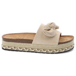 Klapki damskie Vinceza, na grubej platformie profilowane z kokardką materiałowe, beżowe, 16495-BE. Brązowe klapki damskie VINCEZA, z aplikacjami, z materiału, bez obcasa, na platformie, bez zapięcia. Za 99.99 zł.