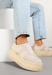 Jasnobeżowe Sneakersy na Platformie Ozdobione Paskiem Vivesse. Brązowe obuwie sportowe damskie Renee, z jeansu, bez zapięcia. Za 79.99 zł.
