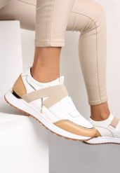Biało-Beżowe Wsuwane Sneakersy z Metalicznymi Wstawkami i Elastycznym Paskiem Fanir. Białe obuwie sportowe damskie Renee, bez zapięcia. Za 119.99 zł.
