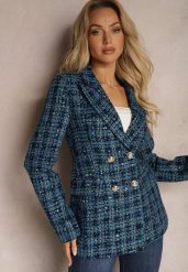 Niebieska Tweedowa Marynarka Dwurzędowa Zapinana na Biżuteryjne Guziki Nallet. Niebieskie marynarki i żakiety damskie Renee, m, bez wzorów, eleganckie. Za 209.99 zł.