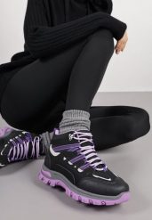 Czarno-Fioletowe Sznurowane Buty Trekkingowe Traperki Vices na Grubej Podeszwie Afertie. Czarne obuwie trekkingowe damskie Born2be, z jeansu, za kostkę, bez zapięcia. Za 99.99 zł.