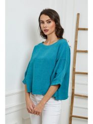 Fleur de Lin Lniana bluzka "Georginia" w kolorze turkusowym rozmiar: XL. Niebieskie bluzki damskie Fleur de Lin, xl, bez wzorów, ze lnu, bez kołnierzyka, bez ramiączek. Za 130.99 zł.