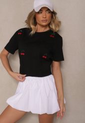 Czarny T-shirt z Bawełny z Haftowanymi Detalami w Wiśnie Nevianeva. Czarne t-shirty damskie Renee, m, bez wzorów, z bawełny, bez kołnierzyka. Za 29.99 zł.